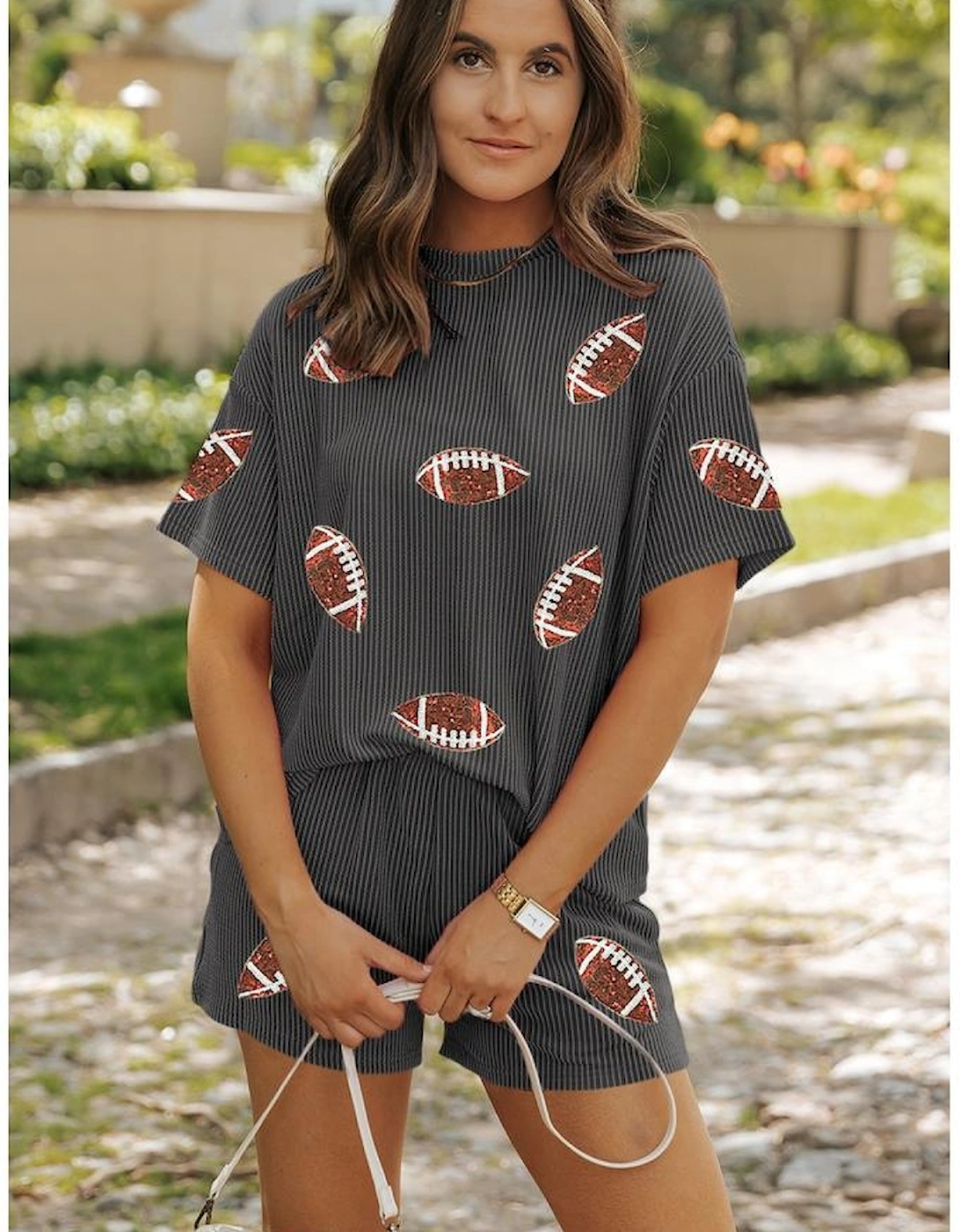 Carbon Grey Sequin Football Patched Twisted Ribbed Loose 2pcs Short Set