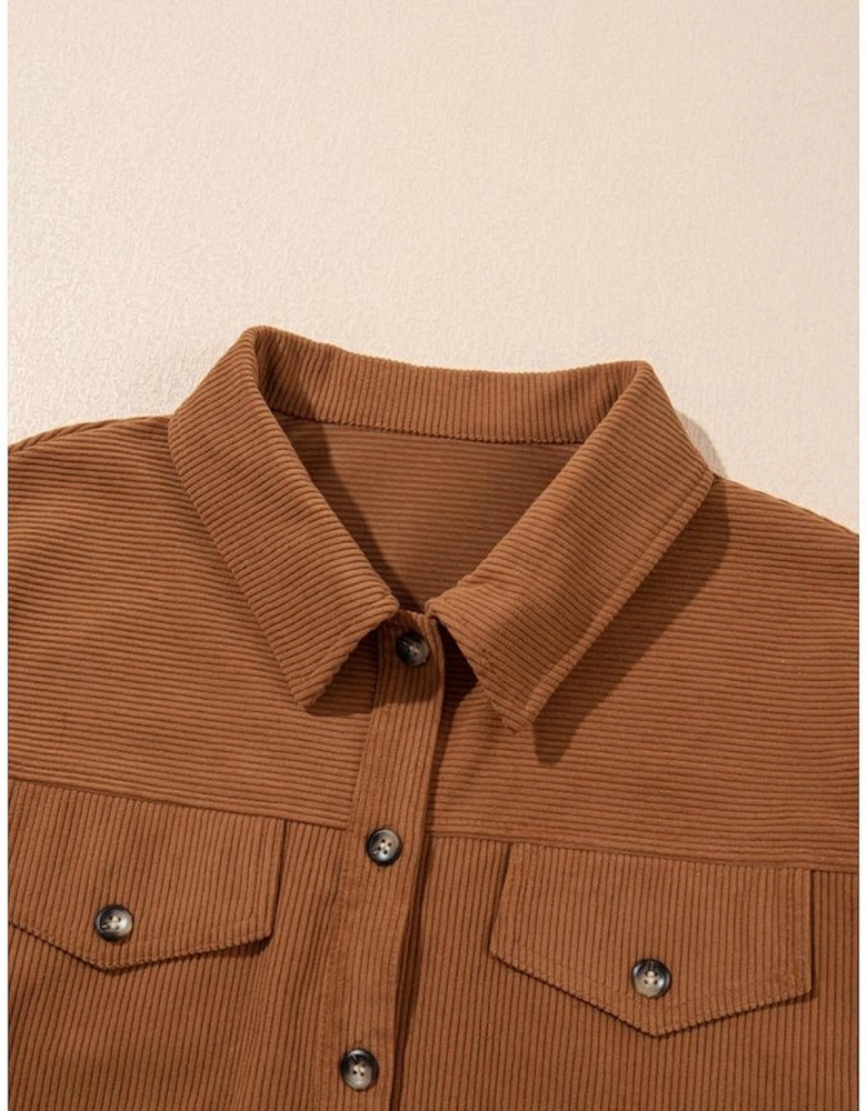 Cinnamon Corduroy Flap Pocket Button Up Round Hem Shacket