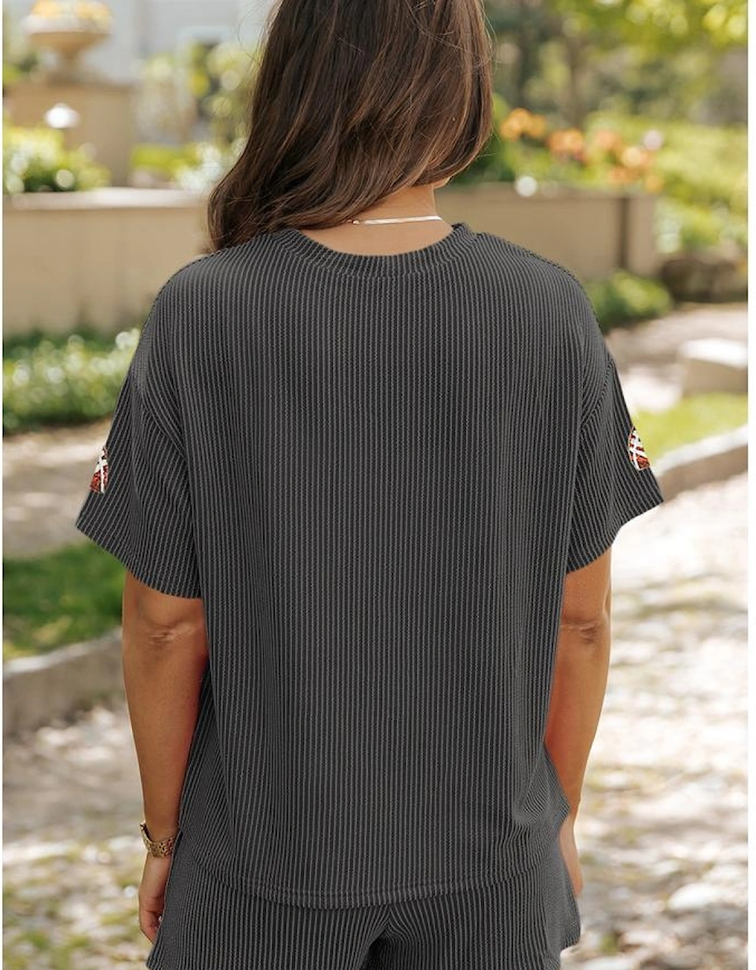 Carbon Grey Sequin Football Patched Twisted Ribbed Loose 2pcs Short Set