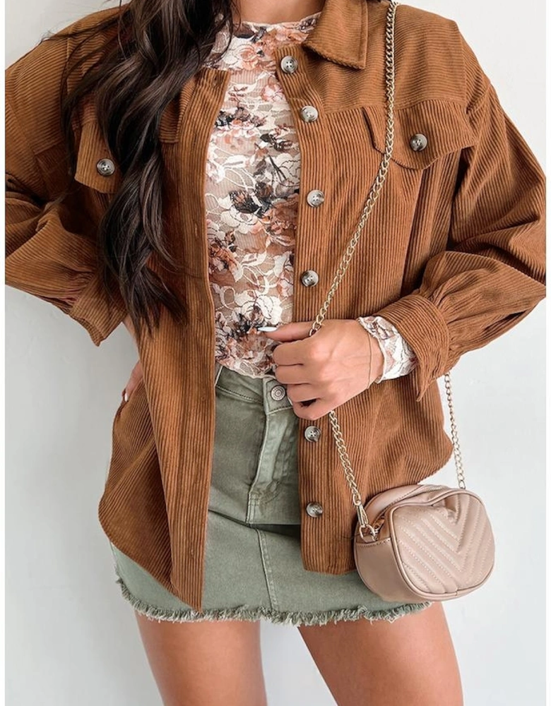 Cinnamon Corduroy Flap Pocket Button Up Round Hem Shacket