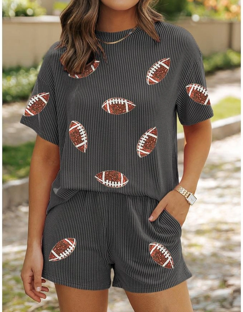 Carbon Grey Sequin Football Patched Twisted Ribbed Loose 2pcs Short Set