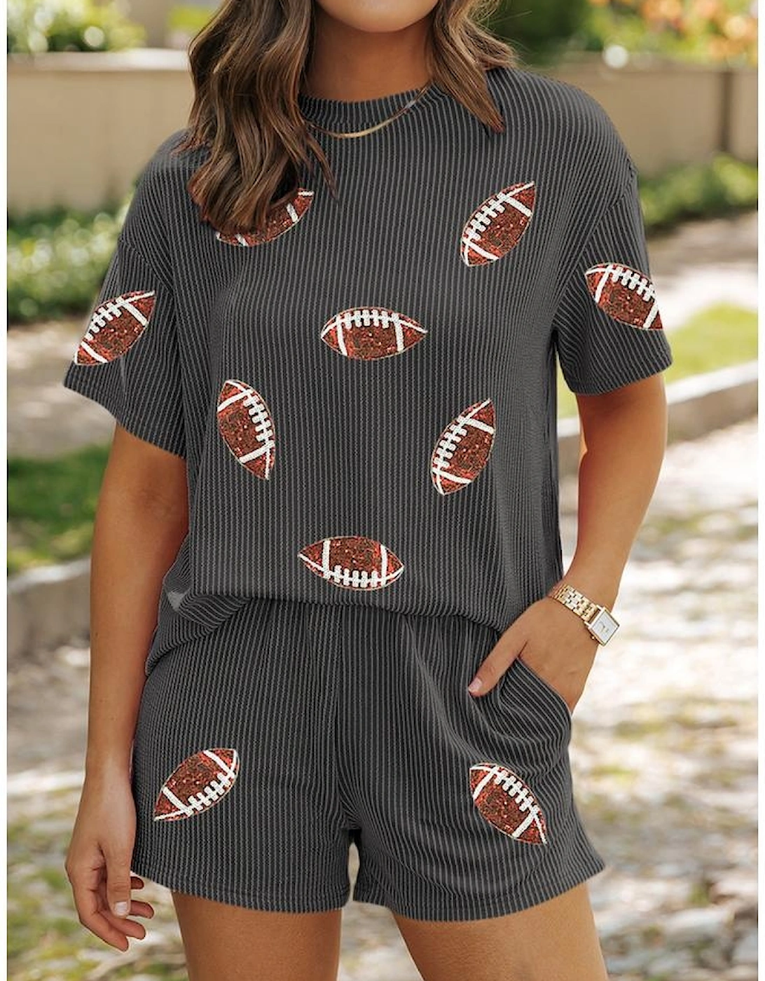 Carbon Grey Sequin Football Patched Twisted Ribbed Loose 2pcs Short Set, 5 of 4