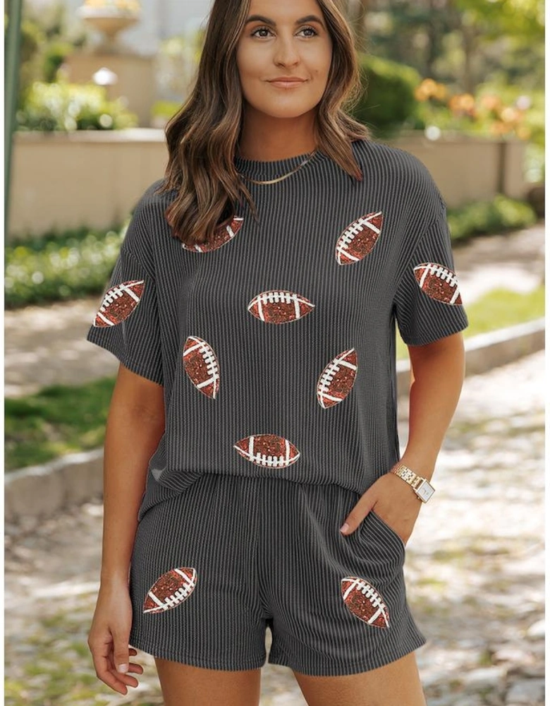 Carbon Grey Sequin Football Patched Twisted Ribbed Loose 2pcs Short Set