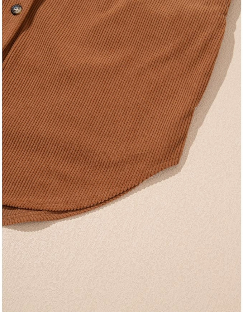 Cinnamon Corduroy Flap Pocket Button Up Round Hem Shacket