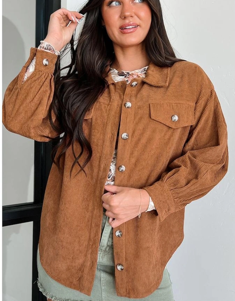 Cinnamon Corduroy Flap Pocket Button Up Round Hem Shacket