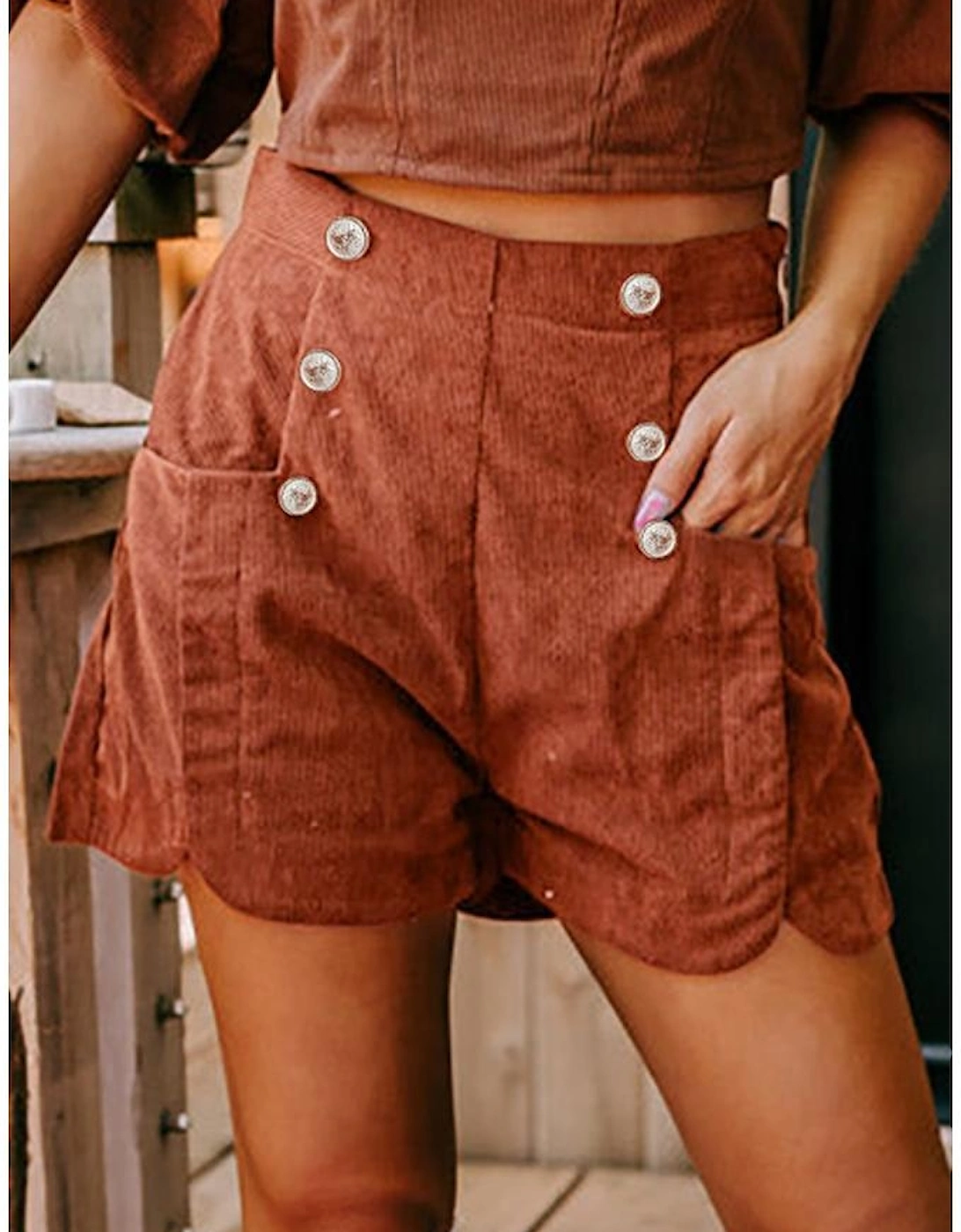 Clay Button Decor Scalloped Edge High Waist Corduroy Shorts