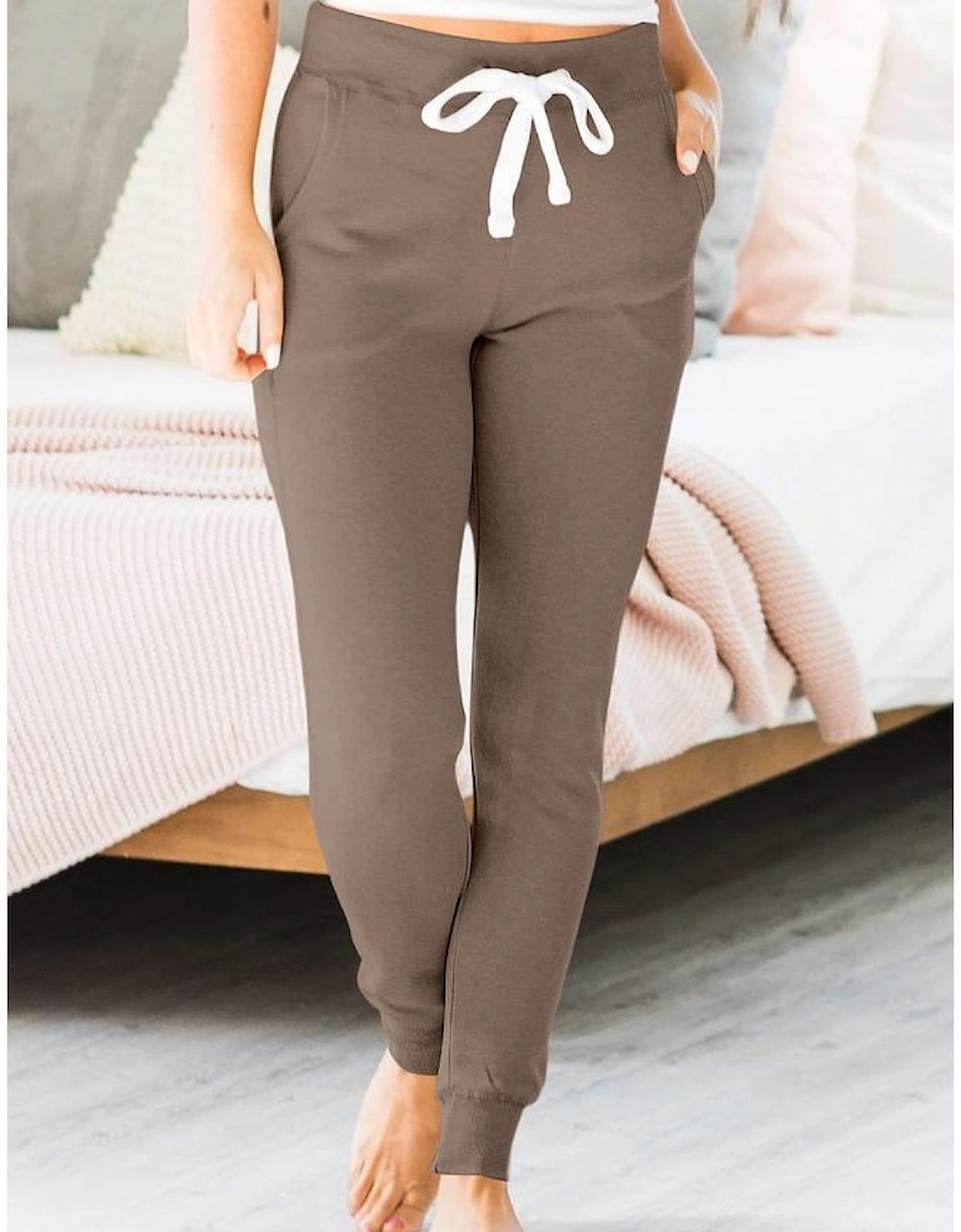 Dark Brown Drawstring Waist Pocketed Joggers