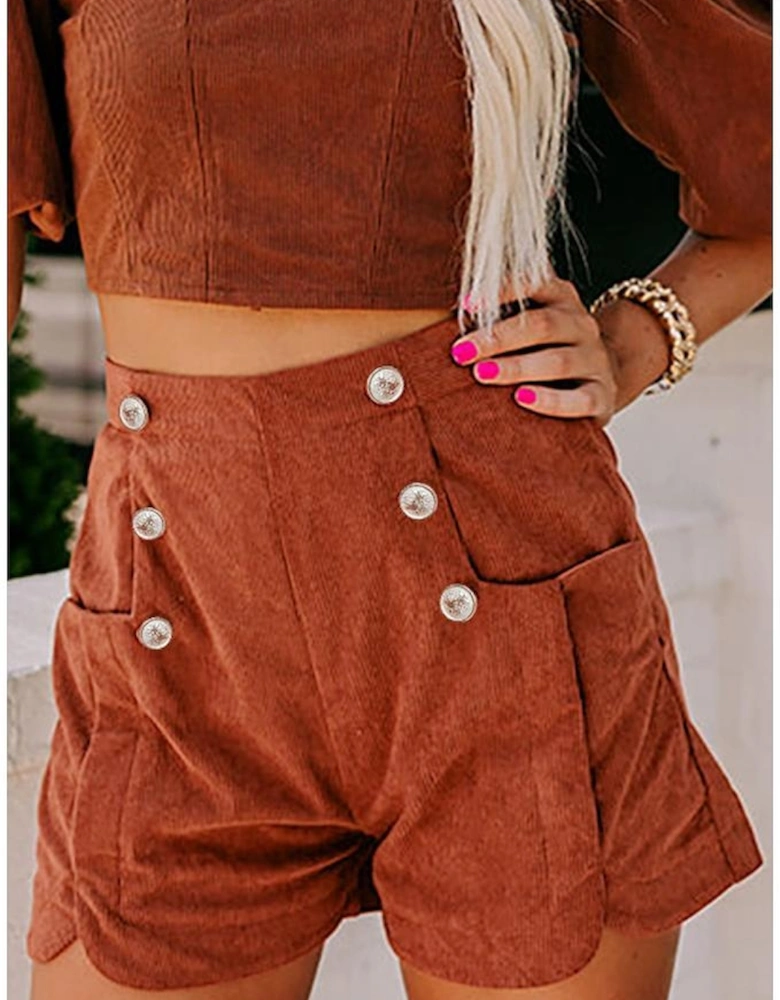 Clay Button Decor Scalloped Edge High Waist Corduroy Shorts