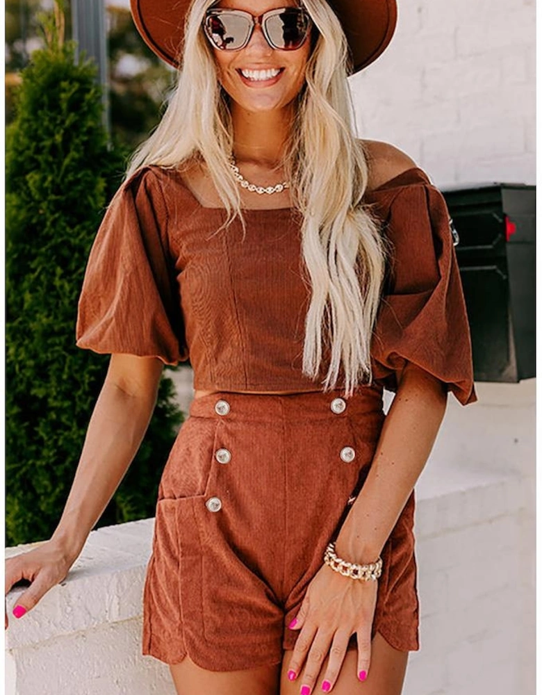 Clay Button Decor Scalloped Edge High Waist Corduroy Shorts