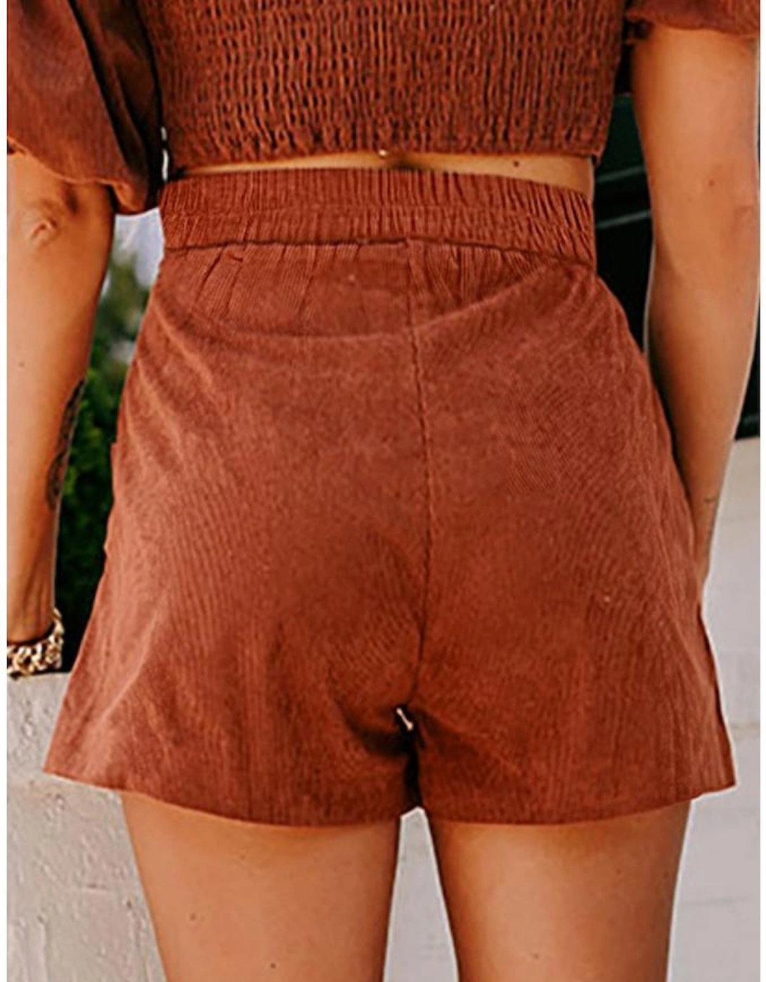 Clay Button Decor Scalloped Edge High Waist Corduroy Shorts, 5 of 4