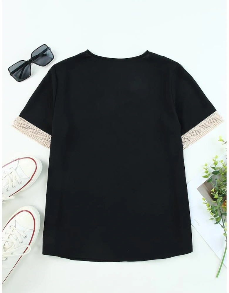 Black Lace Trim V Neck Short Sleeve Blouse