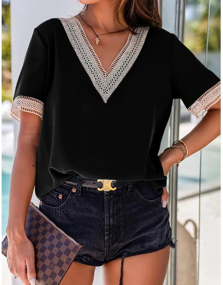 Black Lace Trim V Neck Short Sleeve Blouse
