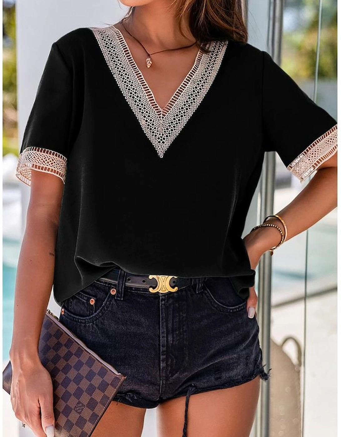 Black Lace Trim V Neck Short Sleeve Blouse
