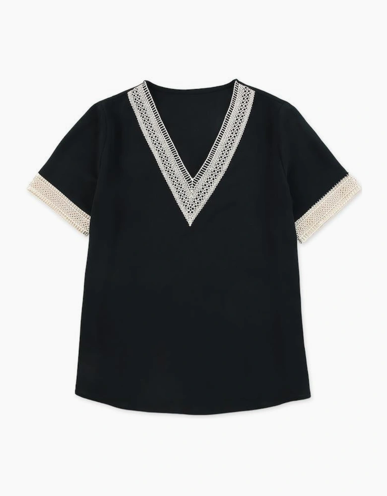 Black Lace Trim V Neck Short Sleeve Blouse