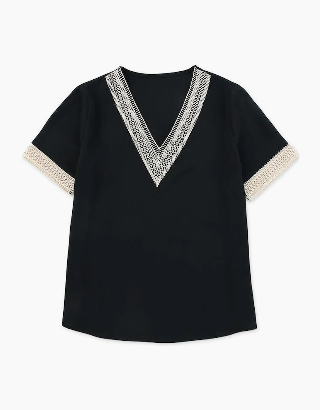 Black Lace Trim V Neck Short Sleeve Blouse