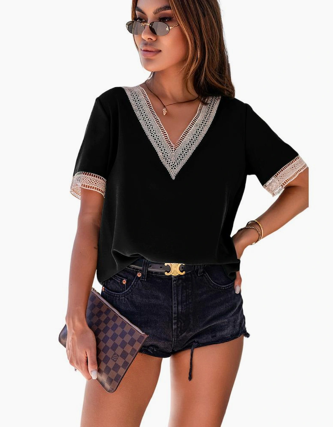 Black Lace Trim V Neck Short Sleeve Blouse