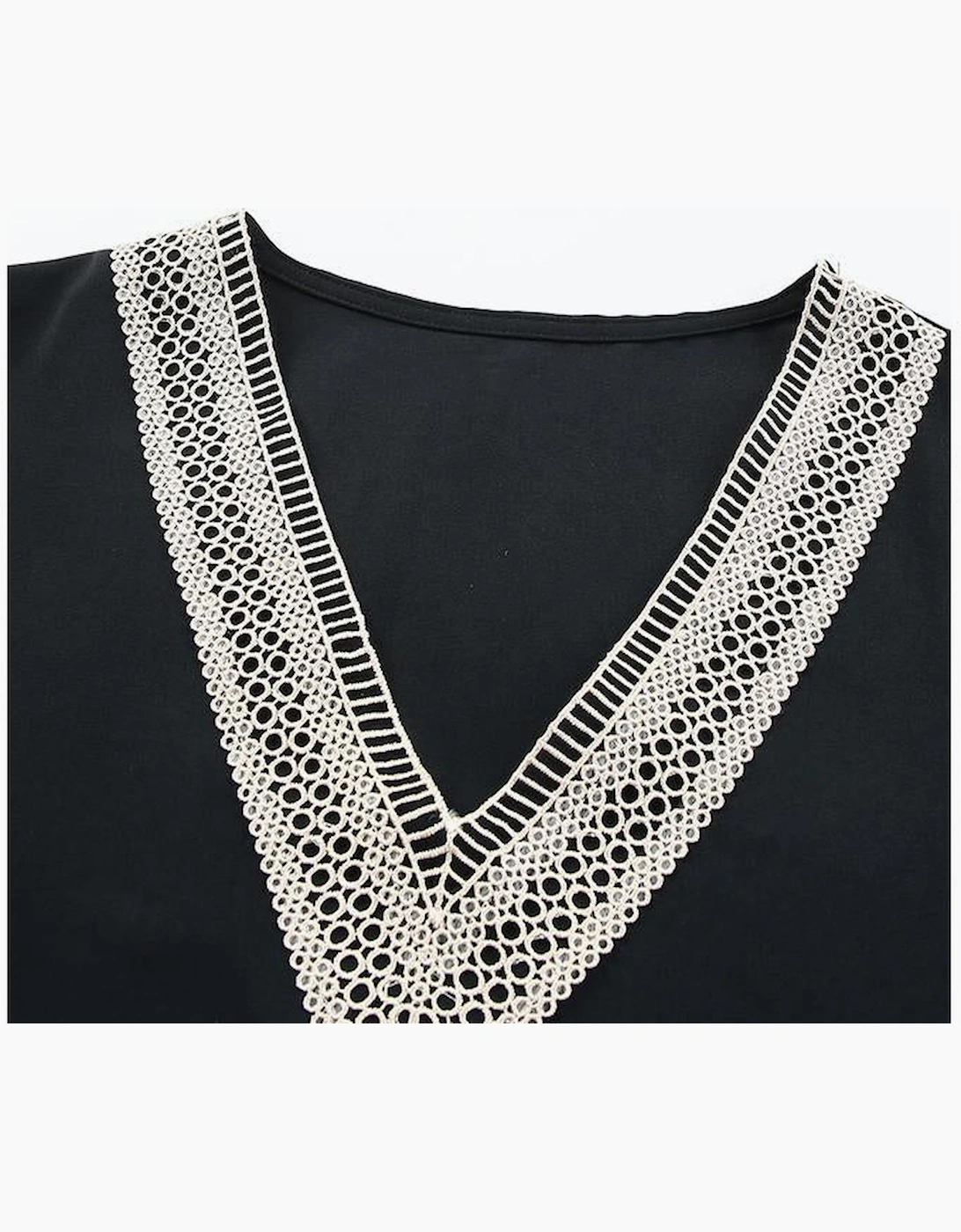 Black Lace Trim V Neck Short Sleeve Blouse