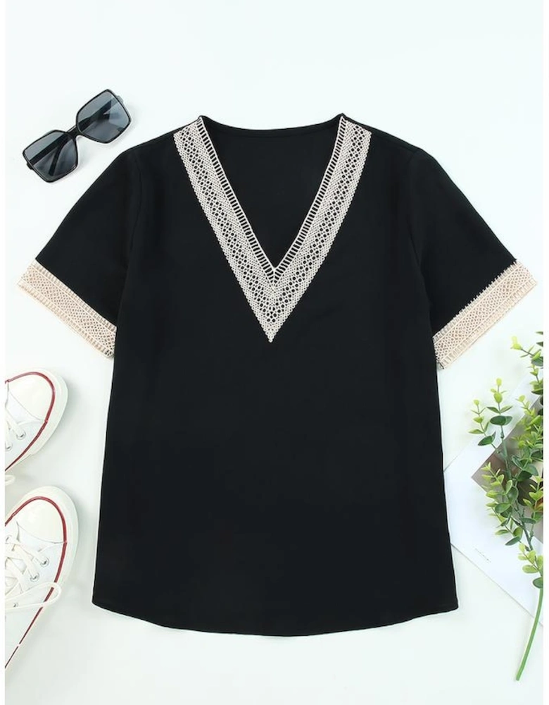 Black Lace Trim V Neck Short Sleeve Blouse