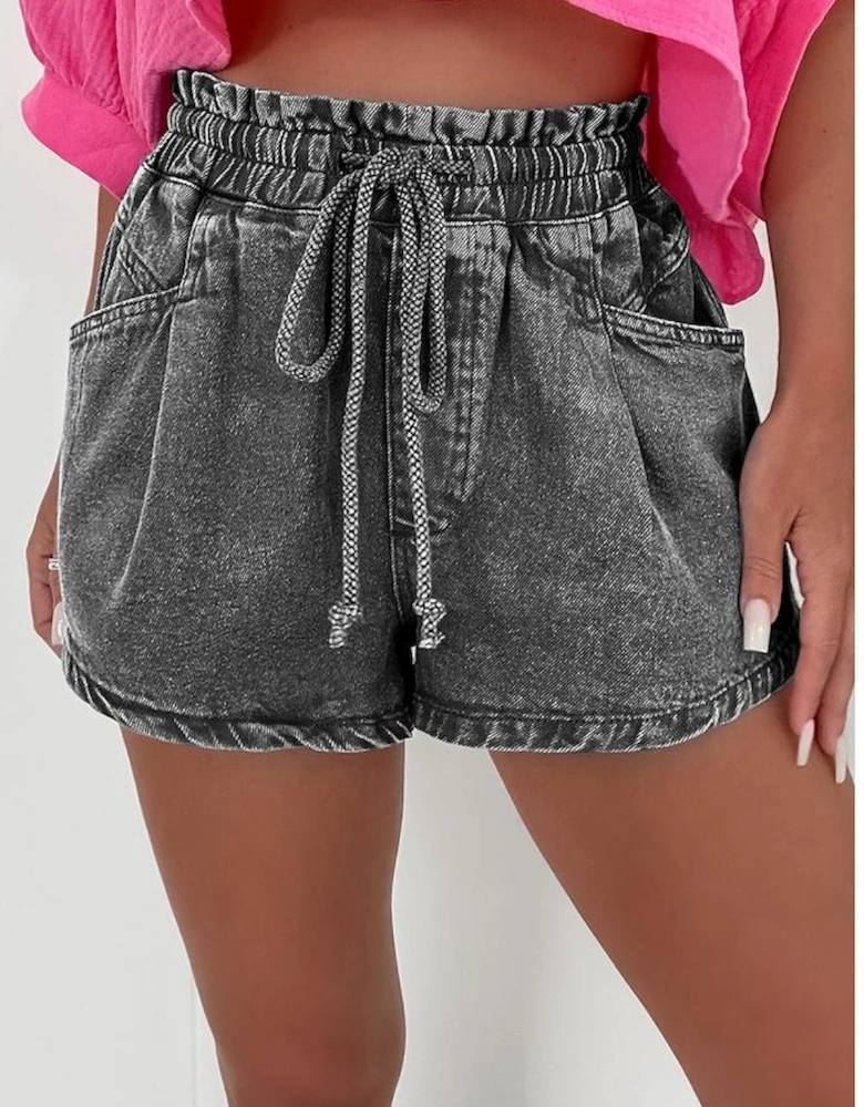 High-rise Drawstring High Waist Casual Denim Shorts with Pockets