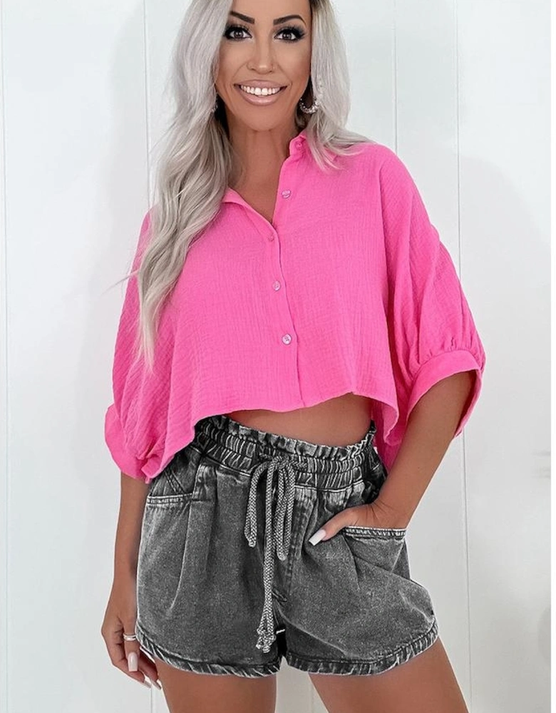 High-rise Drawstring High Waist Casual Denim Shorts with Pockets