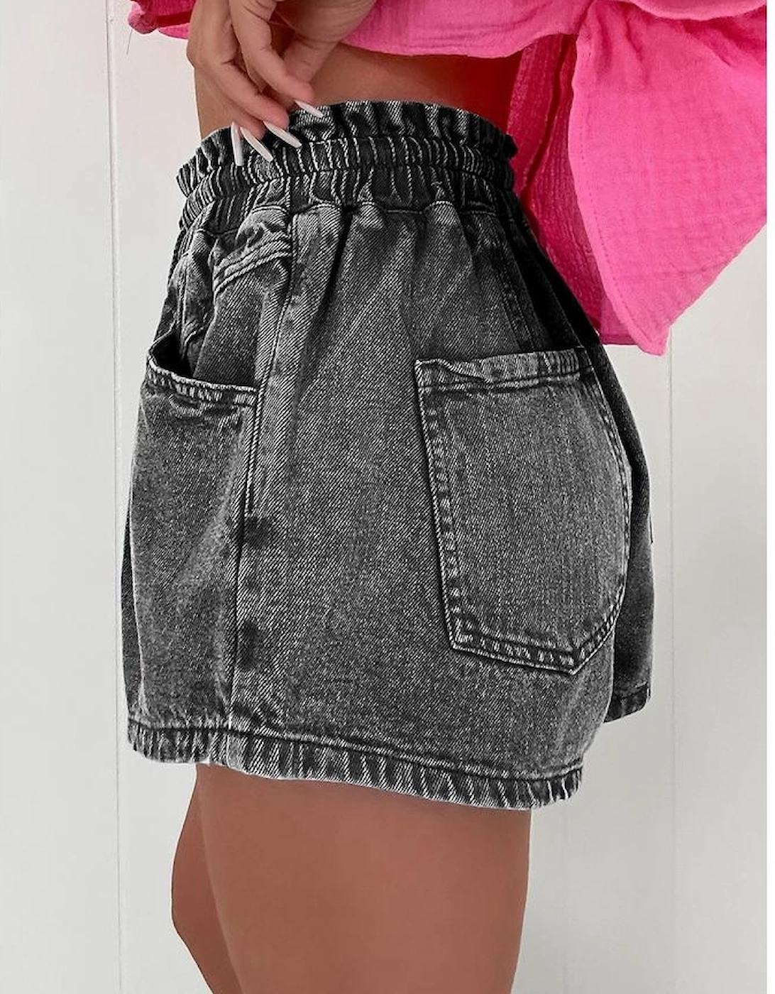 High-rise Drawstring High Waist Casual Denim Shorts with Pockets, 5 of 4