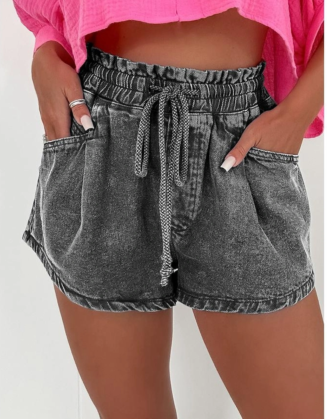 High-rise Drawstring High Waist Casual Denim Shorts with Pockets