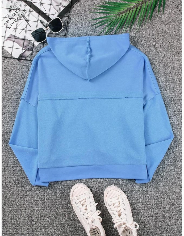 Sky Blue Casual Button Solid Patchwork Trim Hoodie