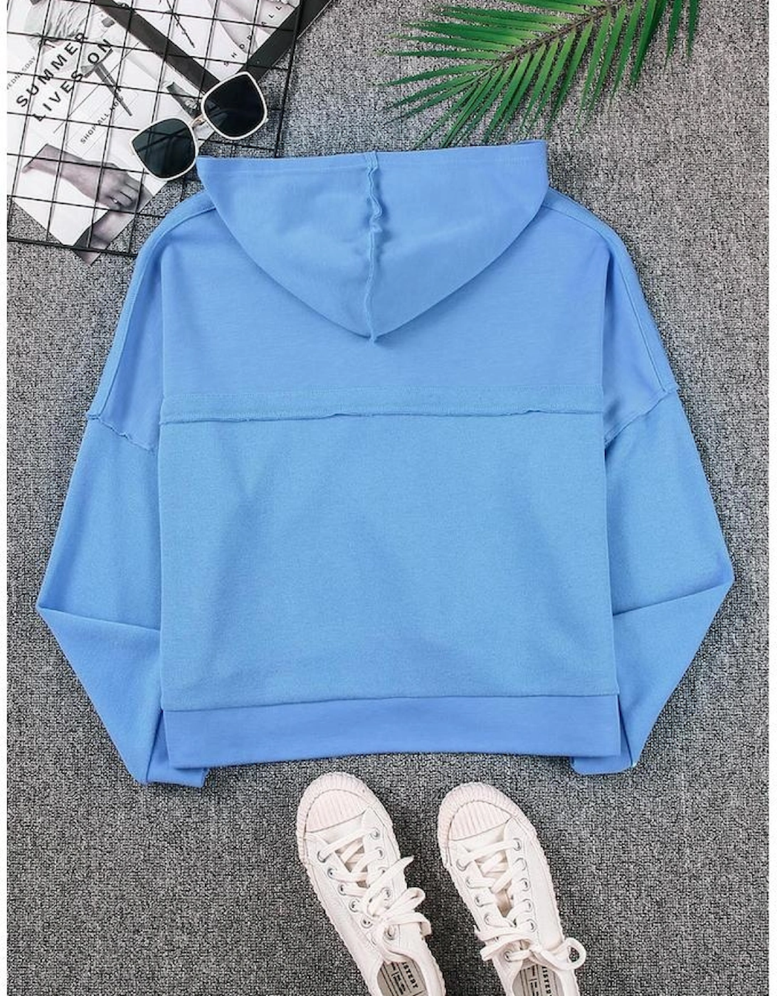Sky Blue Casual Button Solid Patchwork Trim Hoodie
