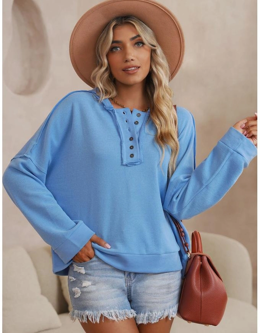 Sky Blue Casual Button Solid Patchwork Trim Hoodie