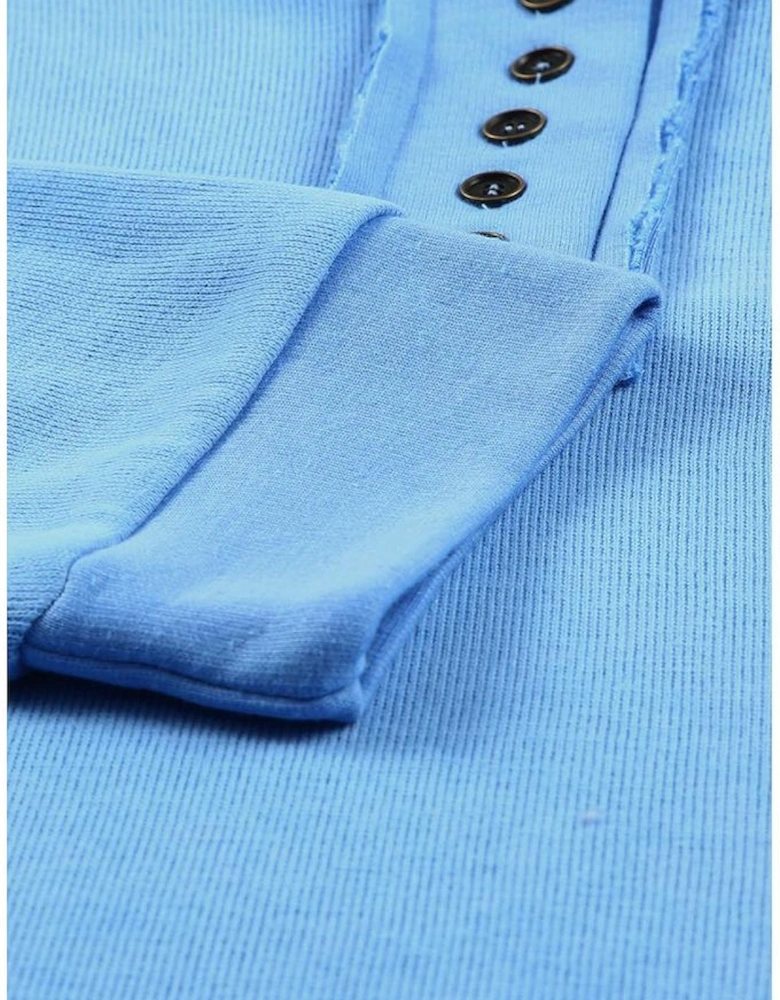 Sky Blue Casual Button Solid Patchwork Trim Hoodie