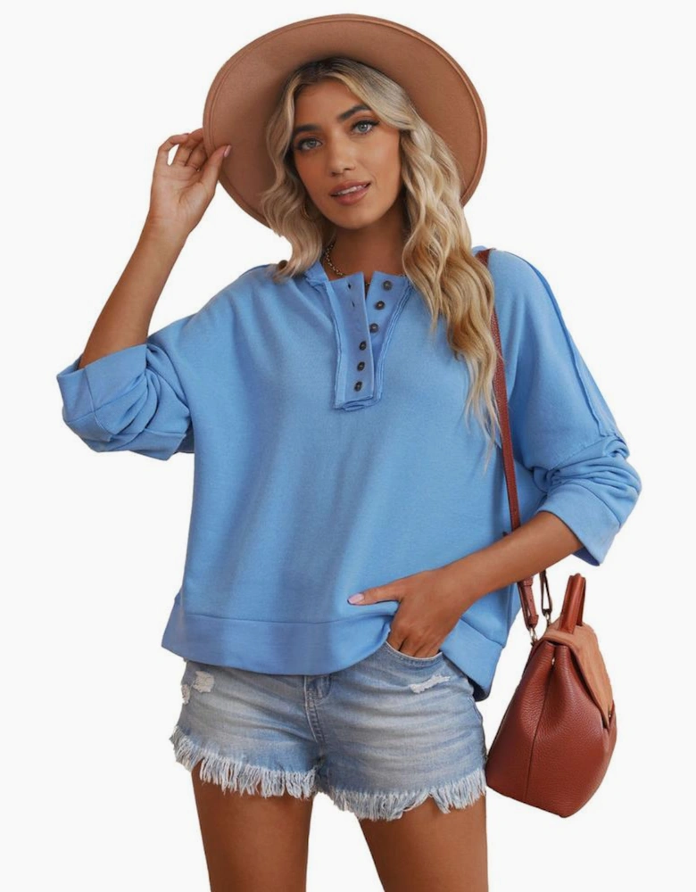 Sky Blue Casual Button Solid Patchwork Trim Hoodie