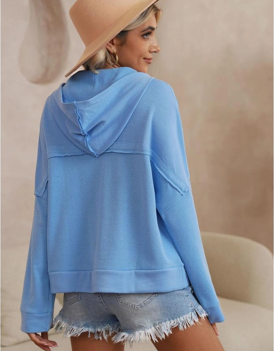 Sky Blue Casual Button Solid Patchwork Trim Hoodie