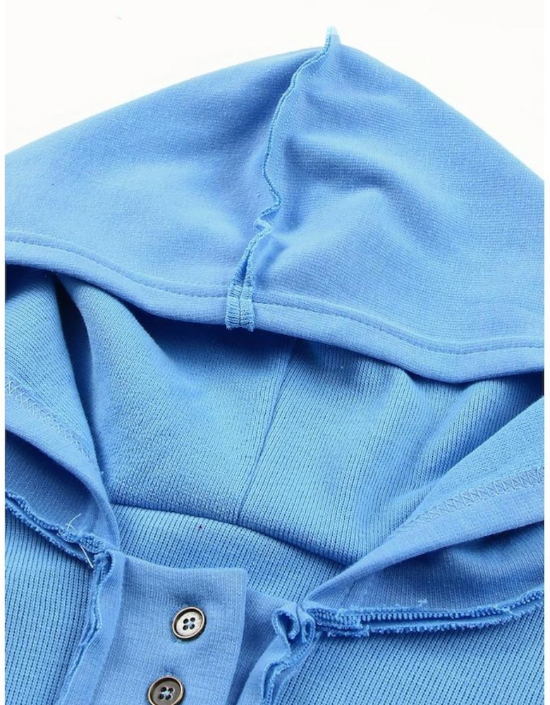 Sky Blue Casual Button Solid Patchwork Trim Hoodie