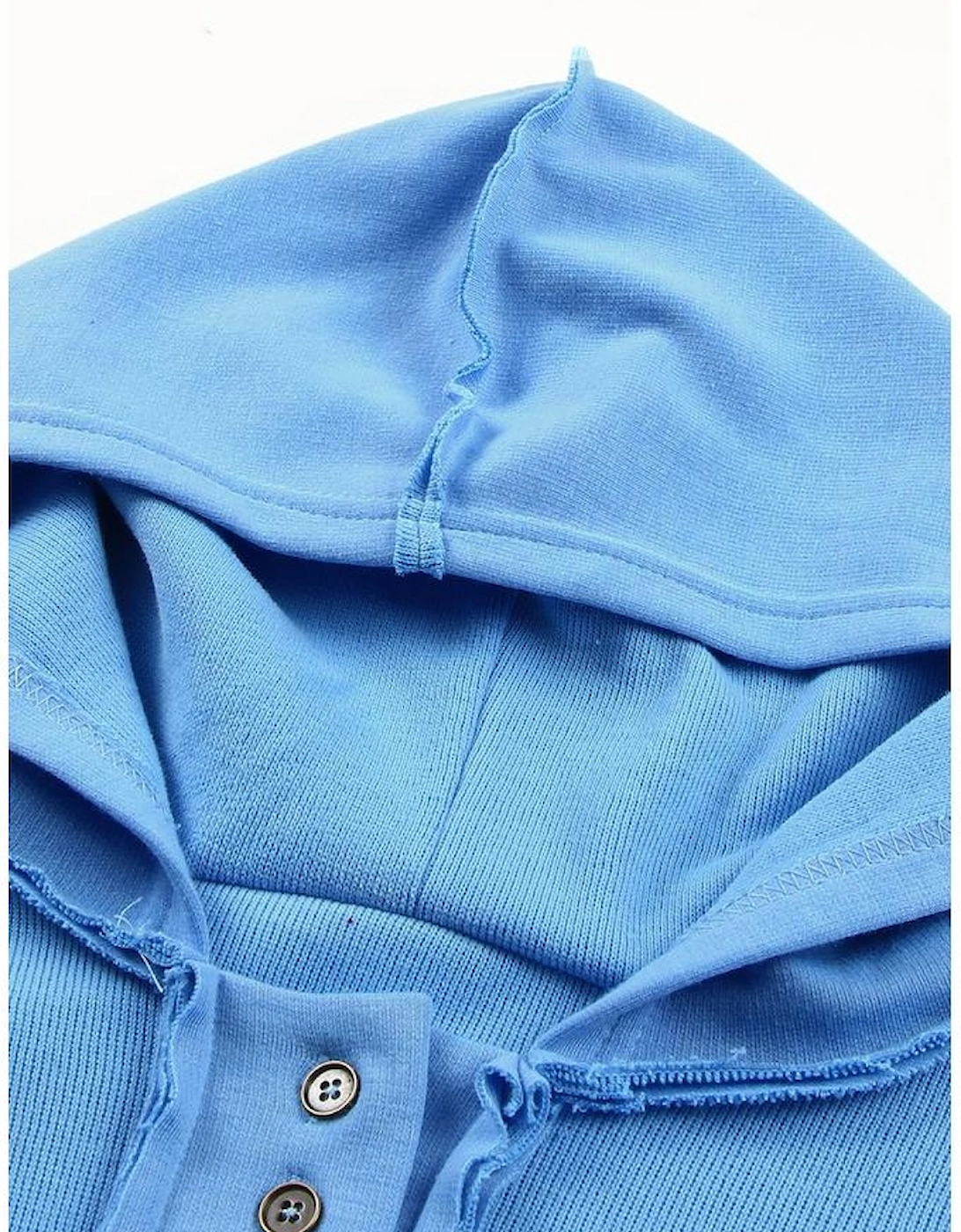 Sky Blue Casual Button Solid Patchwork Trim Hoodie