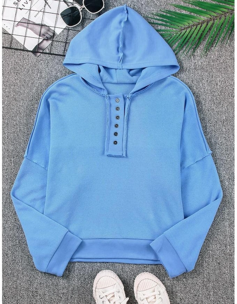 Sky Blue Casual Button Solid Patchwork Trim Hoodie