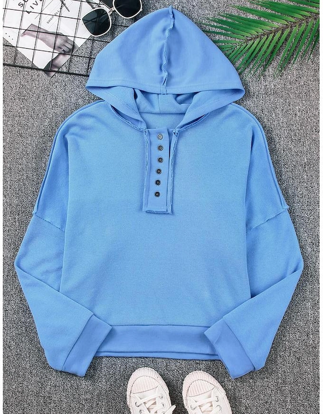 Sky Blue Casual Button Solid Patchwork Trim Hoodie