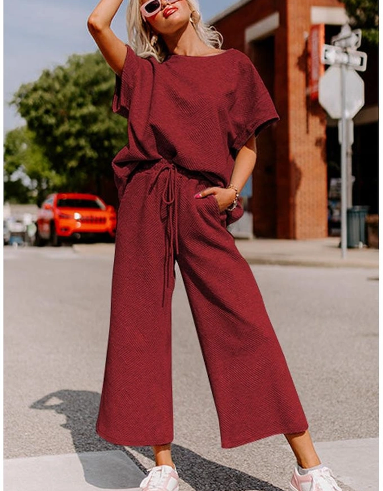 Red Dahlia Textured Loose Fit T Shirt and Drawstring Pants Set