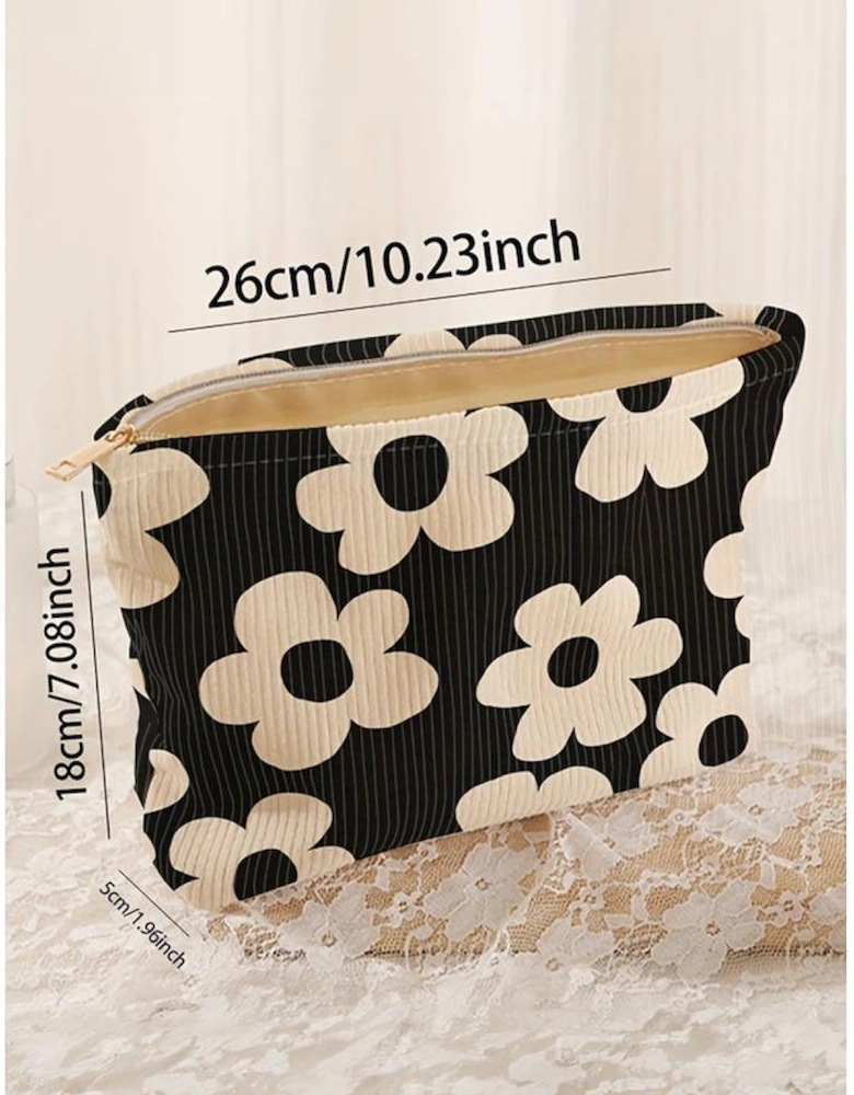 Azura Exchange Black Colorful Flower Printed Rib Textured Cosmetic Bag
