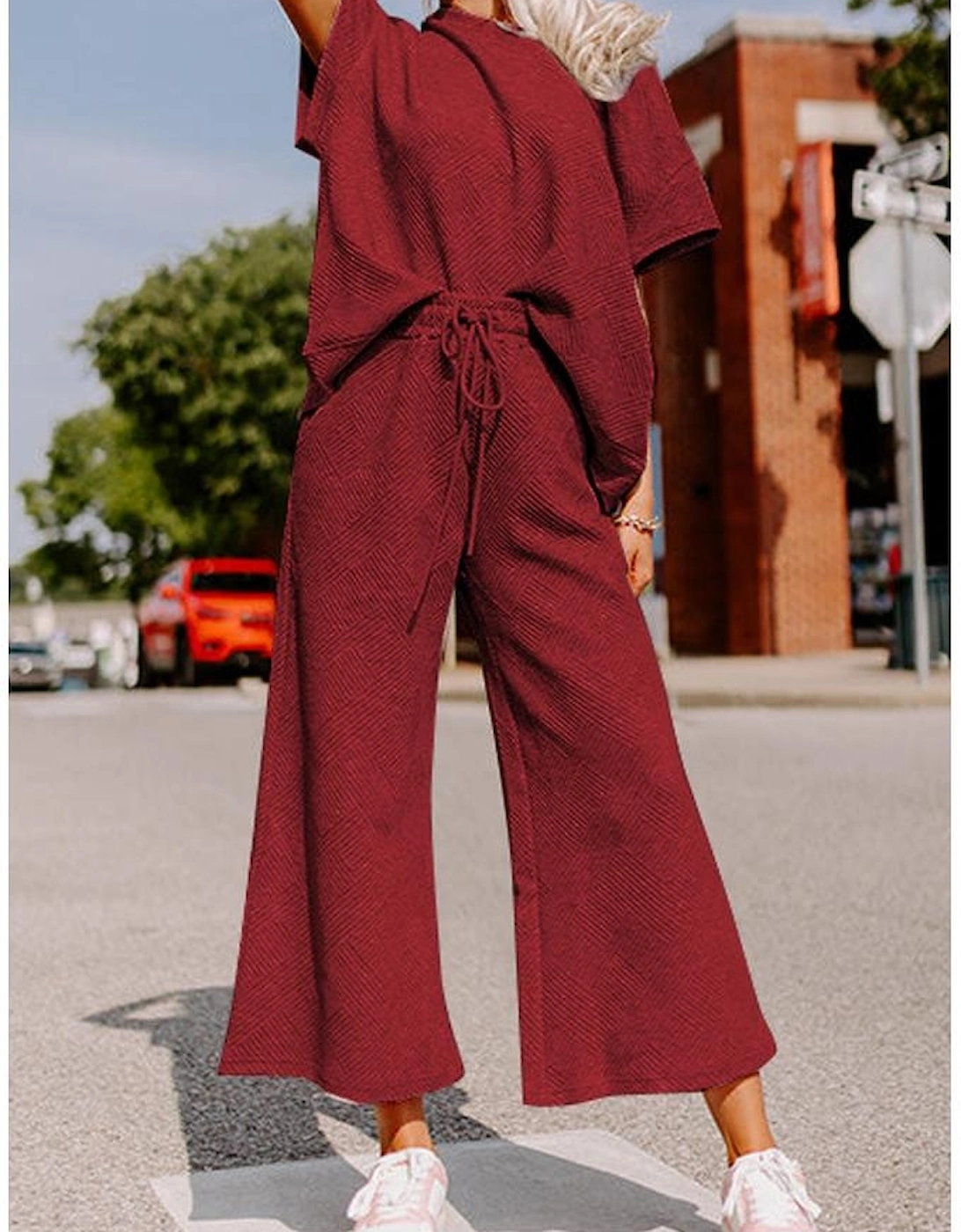 Red Dahlia Textured Loose Fit T Shirt and Drawstring Pants Set