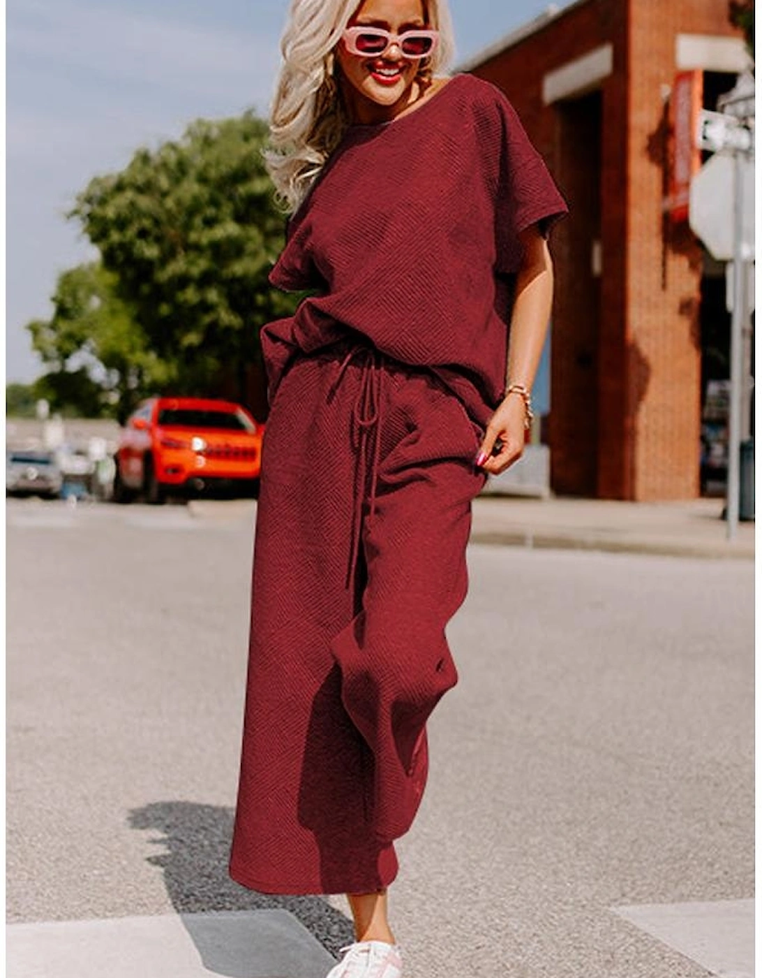 Red Dahlia Textured Loose Fit T Shirt and Drawstring Pants Set