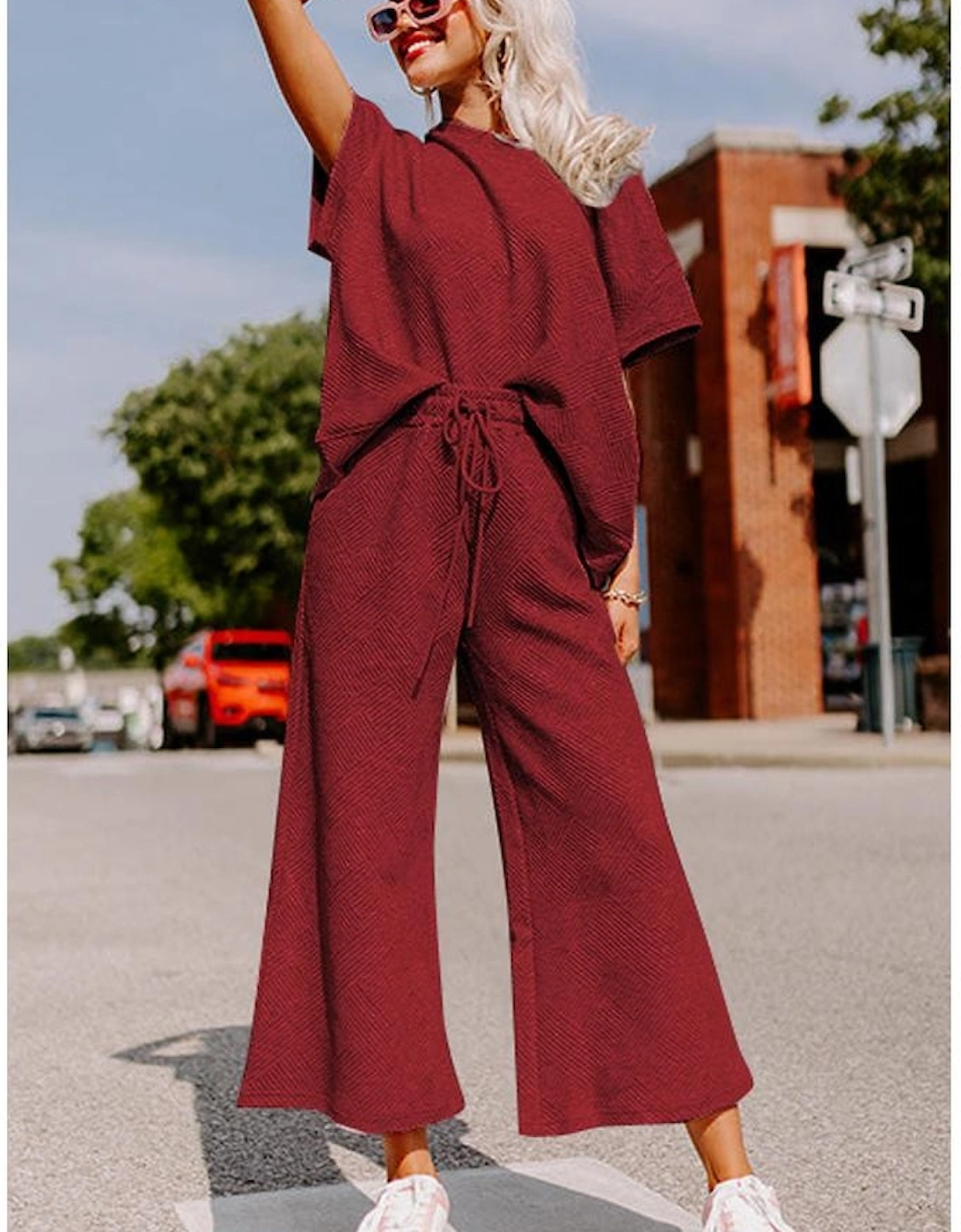 Red Dahlia Textured Loose Fit T Shirt and Drawstring Pants Set