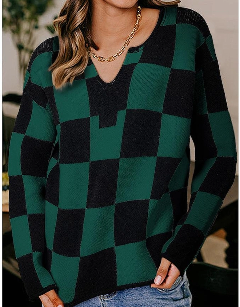 Green Checked Notched Neckline Drop Shoulder Knit Sweater