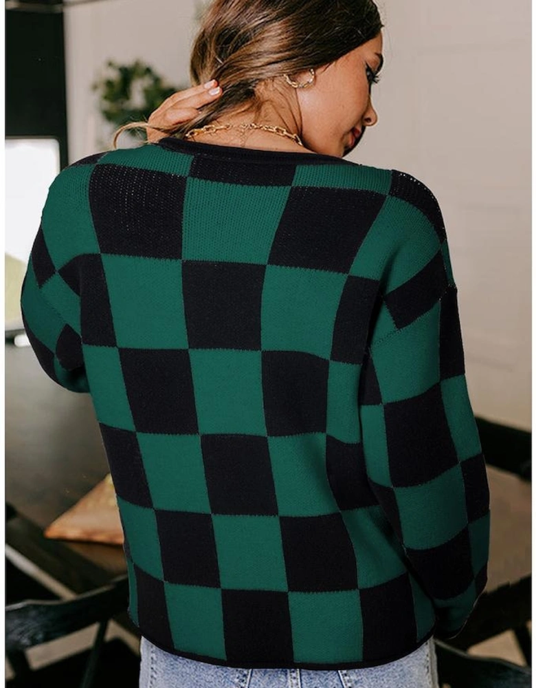 Green Checked Notched Neckline Drop Shoulder Knit Sweater