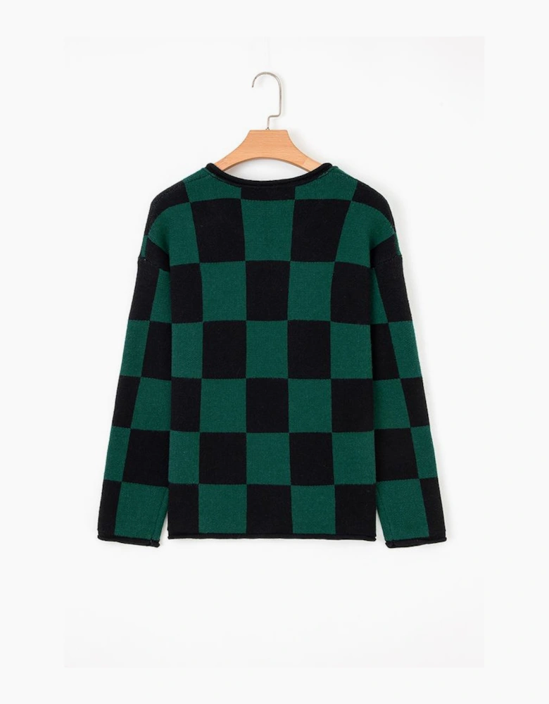 Green Checked Notched Neckline Drop Shoulder Knit Sweater