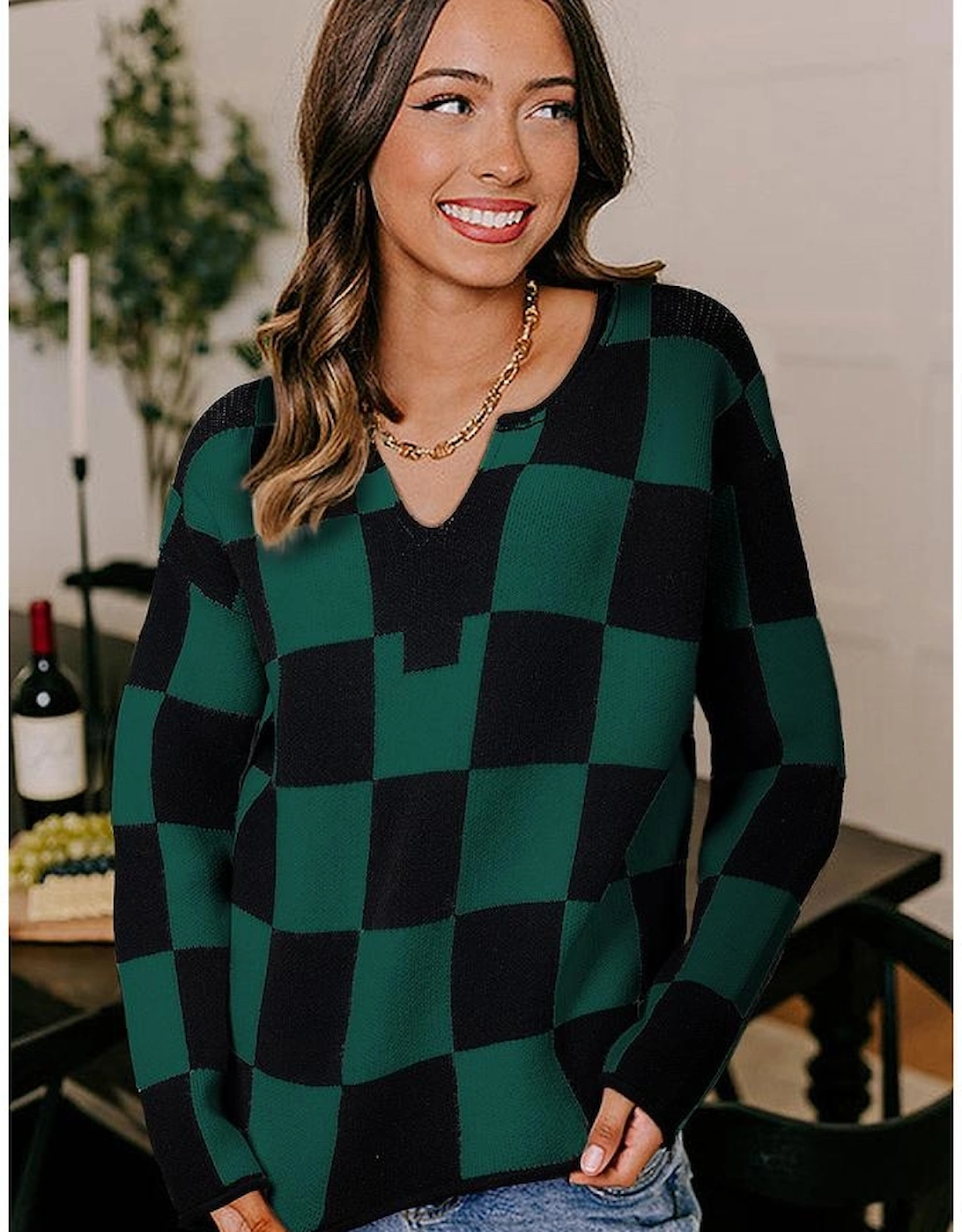 Green Checked Notched Neckline Drop Shoulder Knit Sweater