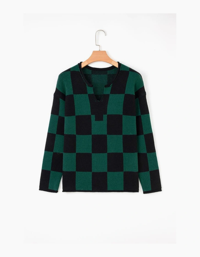 Green Checked Notched Neckline Drop Shoulder Knit Sweater