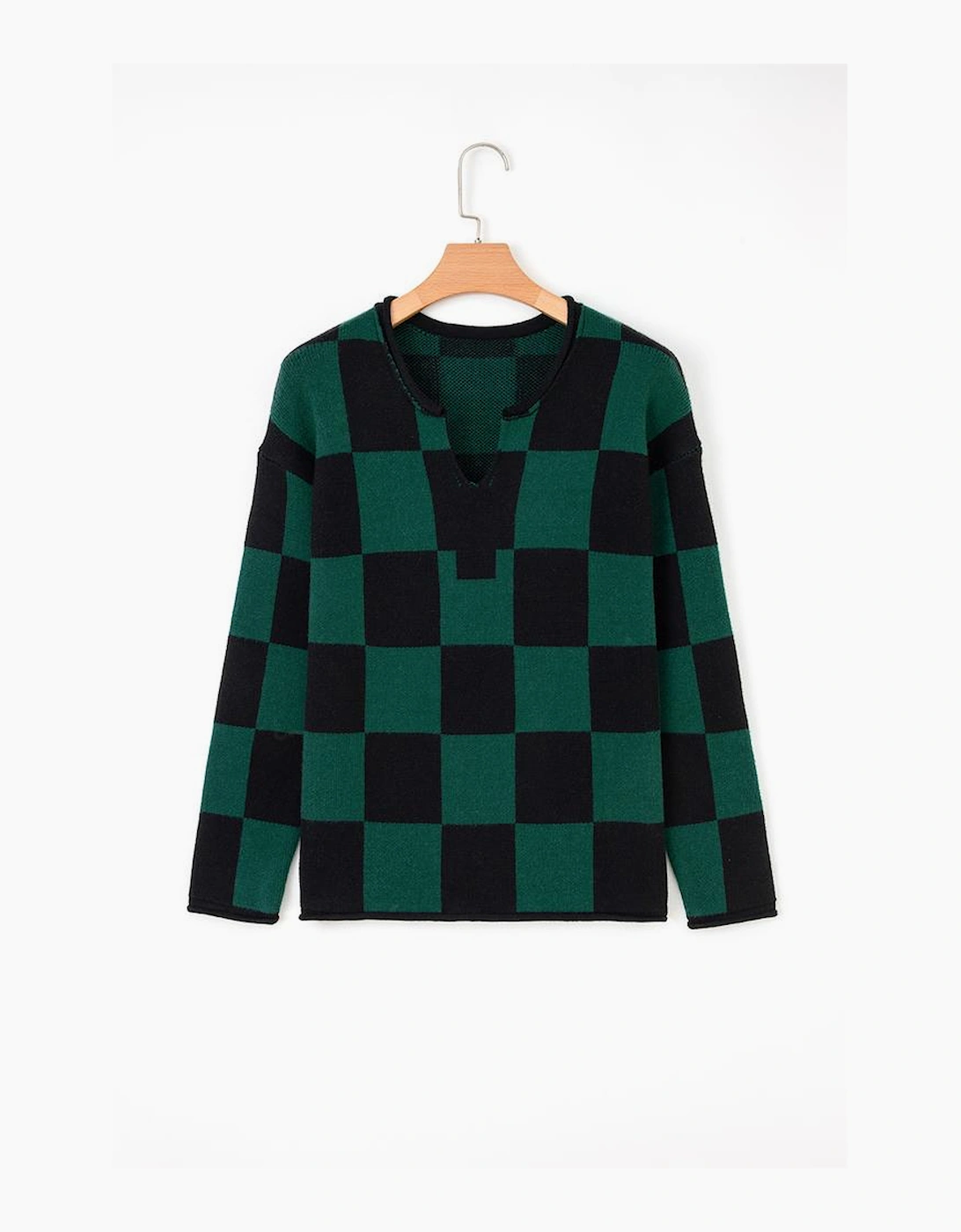 Green Checked Notched Neckline Drop Shoulder Knit Sweater