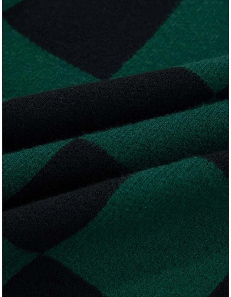 Green Checked Notched Neckline Drop Shoulder Knit Sweater