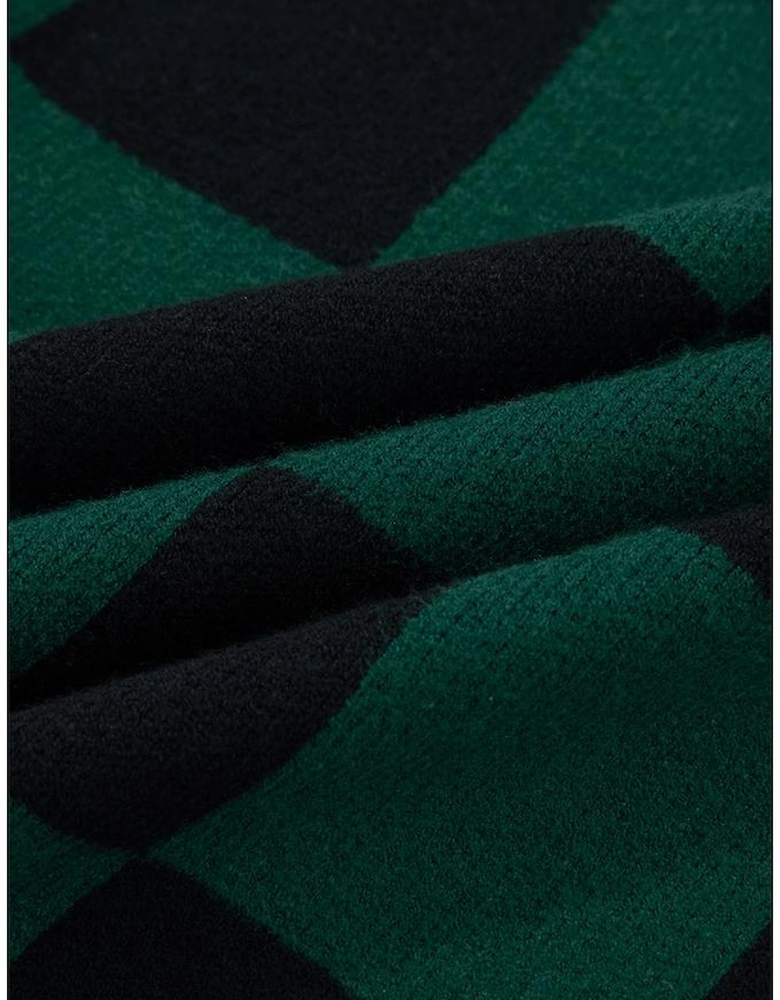 Green Checked Notched Neckline Drop Shoulder Knit Sweater