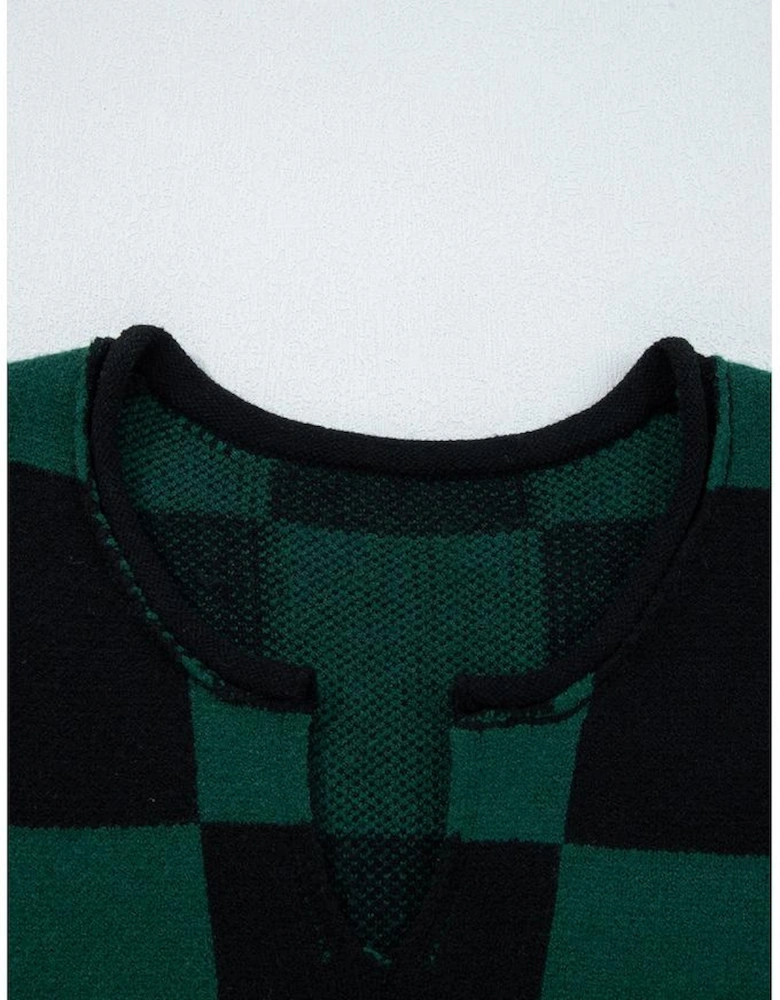Green Checked Notched Neckline Drop Shoulder Knit Sweater